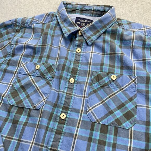 American Eagle Outfitters Mens XXL Long Sleeve Shirt Blue Grey Plaid 2XL Y2K - Picture 4 of 10